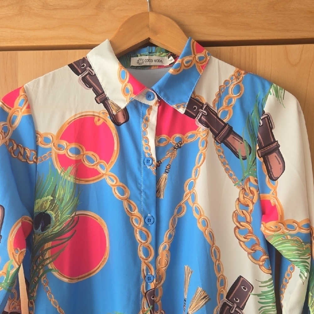 Vibrant Long Sleeve Dress with Artistic Print, IYKYK, Miami Horseshow, Small EUC - Picture 3 of 11